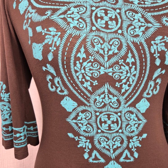Ad Hoc Brown Mini Dress Turquoise Embroidered Cotton Knit Bohemian Women's S - Picture 3 of 9